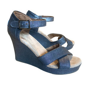 TOMS Sienna Strappy Metallic Denim Woven Wedge Sandals